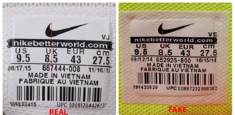 Ở giày Nike Real, đường thẳng này đi qua giữa chữ “t” và chữ “e” của dòng chữ “nikebetterworld”
